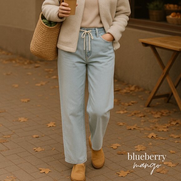 OAT New York Light Wash Drawstring Wide-Leg Cotton Jeans | Size 8/29 - Picture 1 of 6